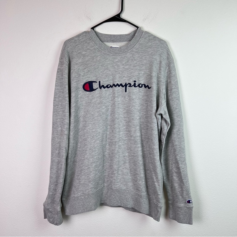 Champion Longsleeve Fleece Crewneck Women's Medium Heather Gray Embroidered Logo